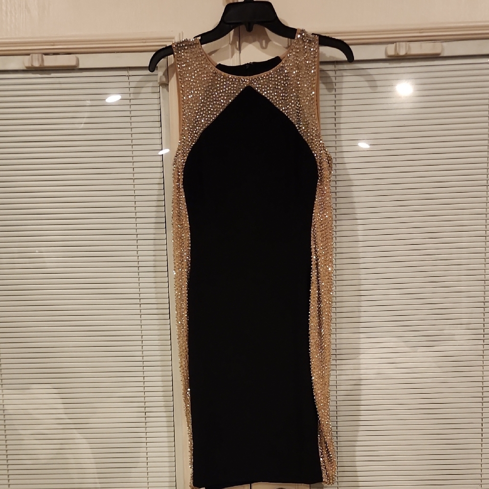 Xscape Black and Gold Beaded Sleeveless Sheath Dress